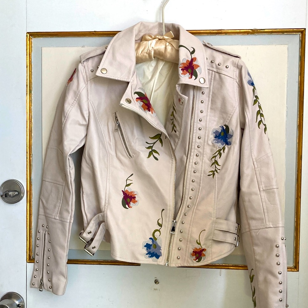 Embroidered Pale Pink‎ Vegan Leather Moto Jacket